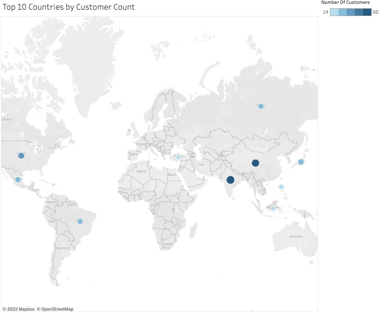 Point Map of Top 10 Countries by Customer Count
